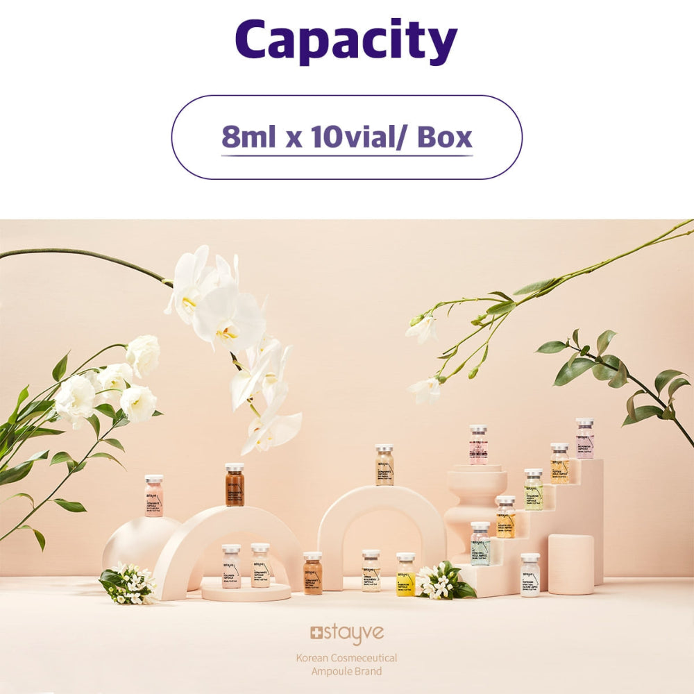 Display of small bottles with flowers on a light pink background, featuring the brand 'stayve'