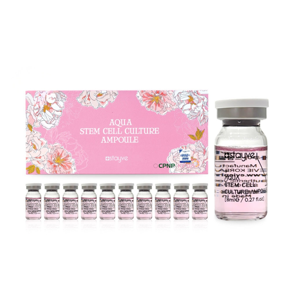 Aqua Stem Cell Culture Ampoule set with pink packaging and multiple ampoules on a white background.