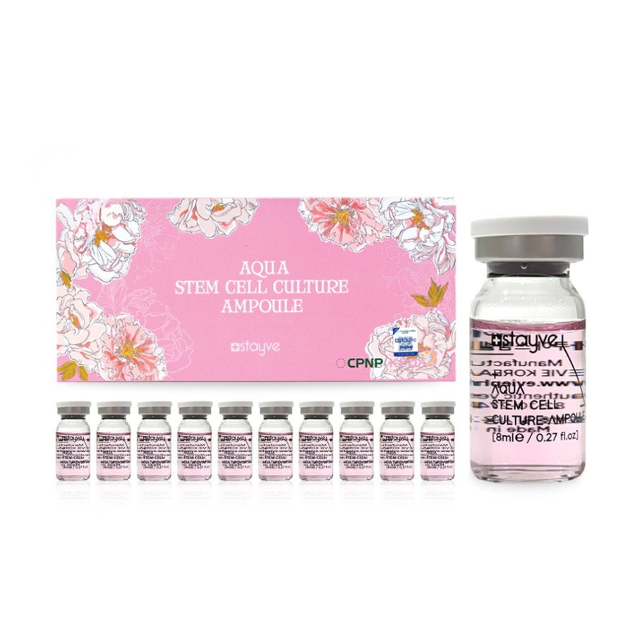 Aqua Stem Cell Culture Ampoule set with pink packaging and multiple ampoules on a white background.
