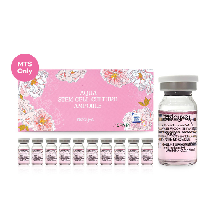 Aqua Stem Cell Culture Ampoule set with pink packaging and multiple ampoules on a white background.