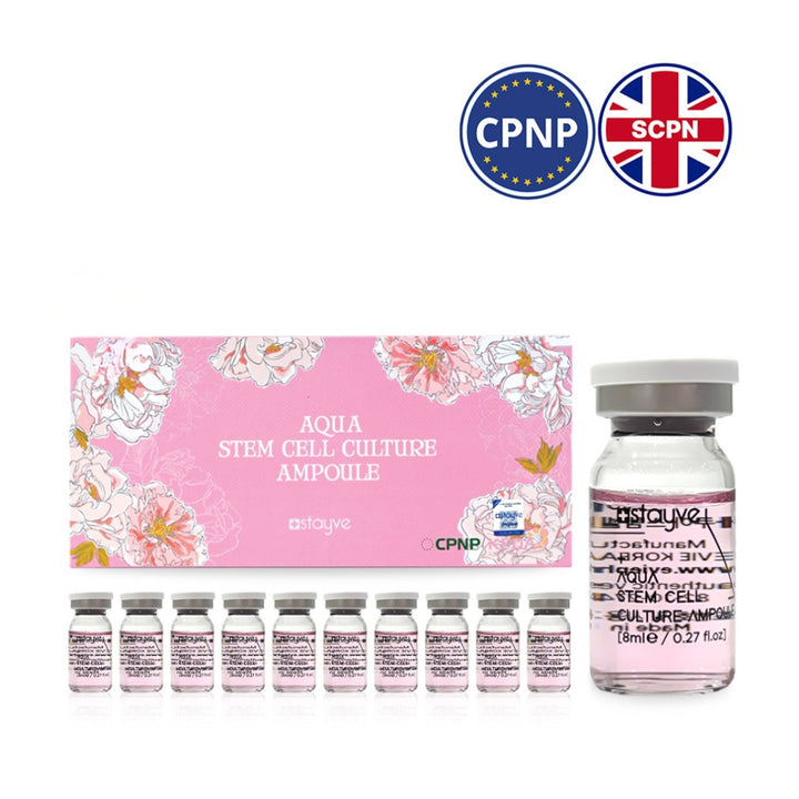 Stayve Aqua Stem Cell Culture Ampoule  with its packaging box, CPNP and SCPN logo