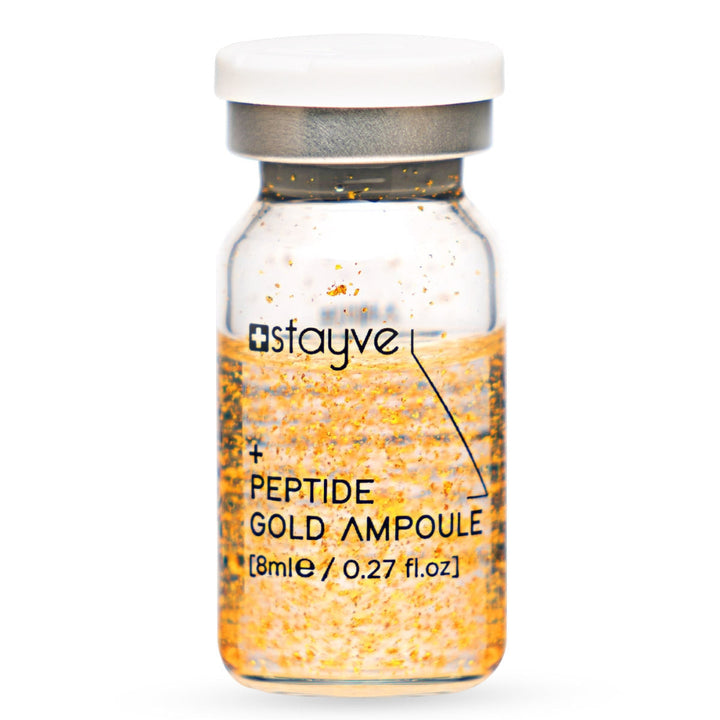 Close up to Stayve peptide gold ampoule on a white background