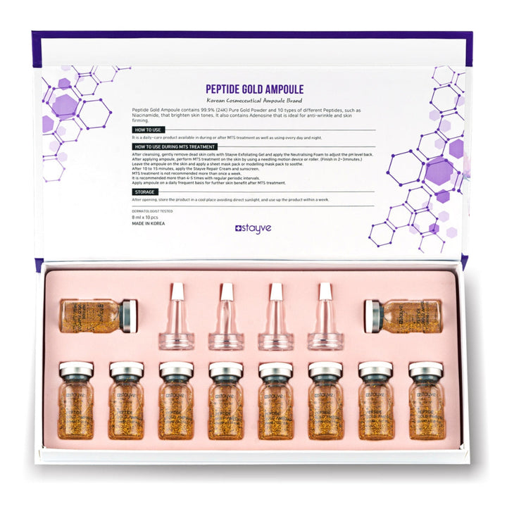 Set of peptide gold ampoules in packaging box with a white background