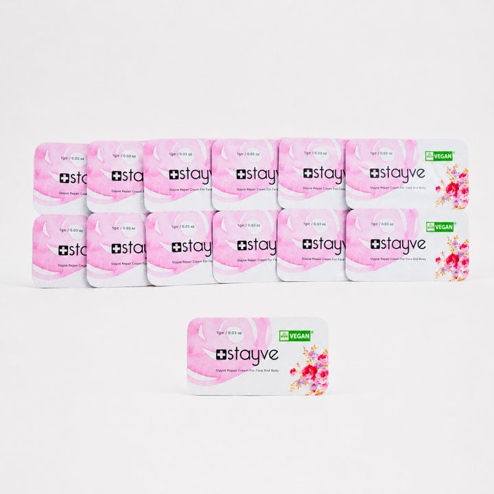 Multiple Stayve Repair Cream sachets arranged  