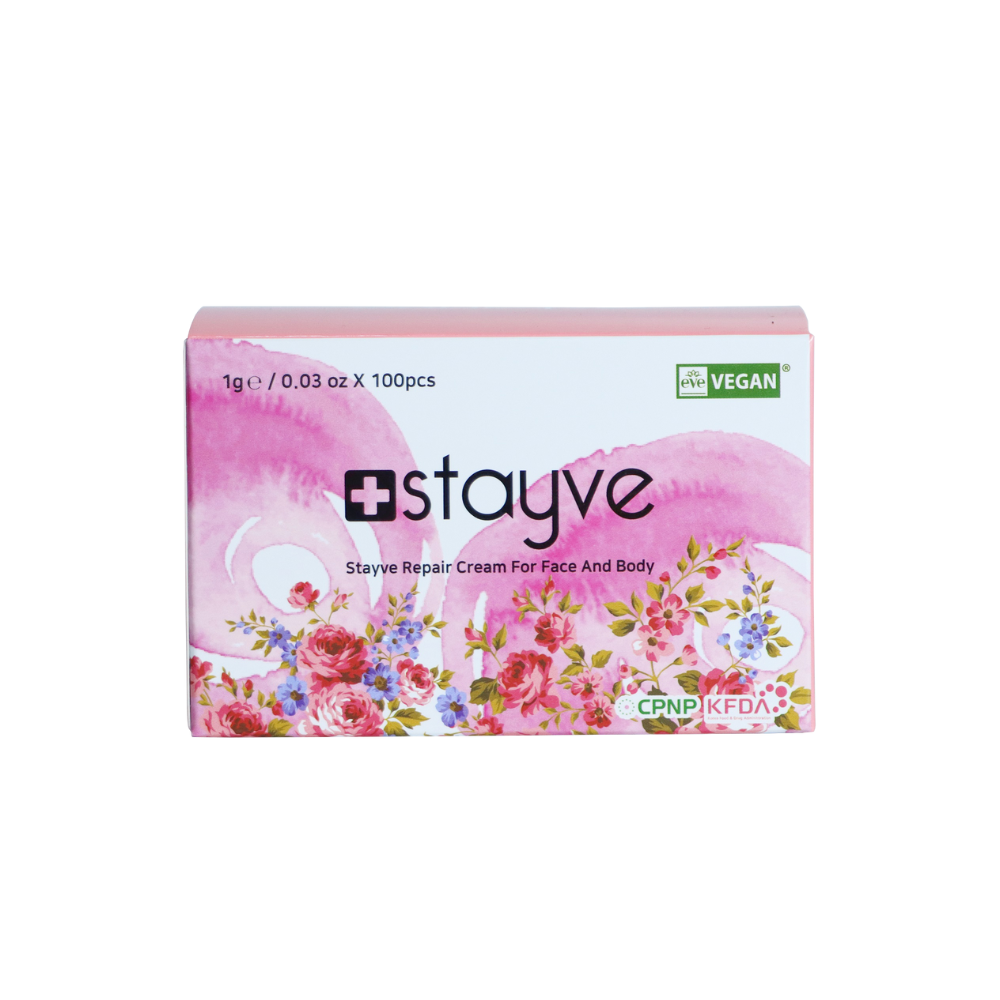 Stayve Repair Cream For Face And Body boxed packaging with floral design and vegan certification label.