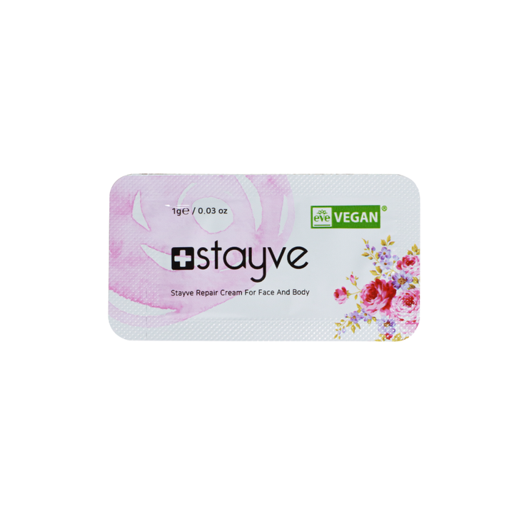 Stayve Repair Cream For Face And Body sachet with pink floral artwork and vegan certification badge.