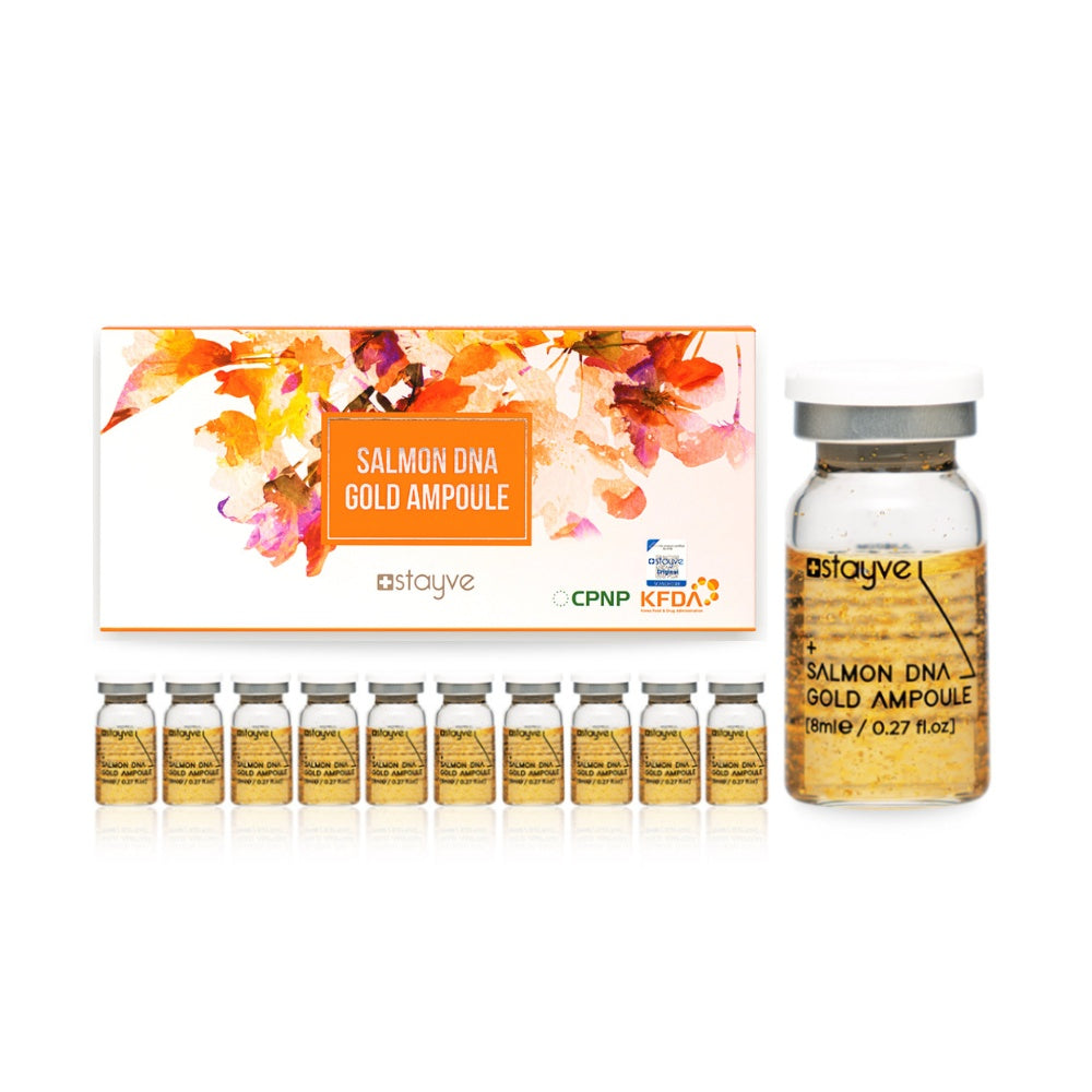 Stayve Salmon DNA Gold Ampoule packaging and its vials on display