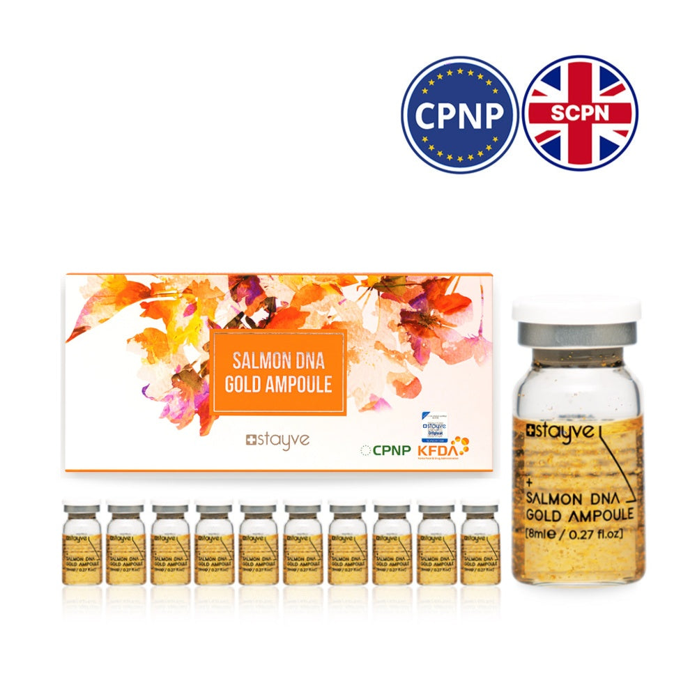 Stayve Salmon DNA Gold Ampoule packaging featuring CPNP and SCPN compliance logos with gold-infused PDRN serum