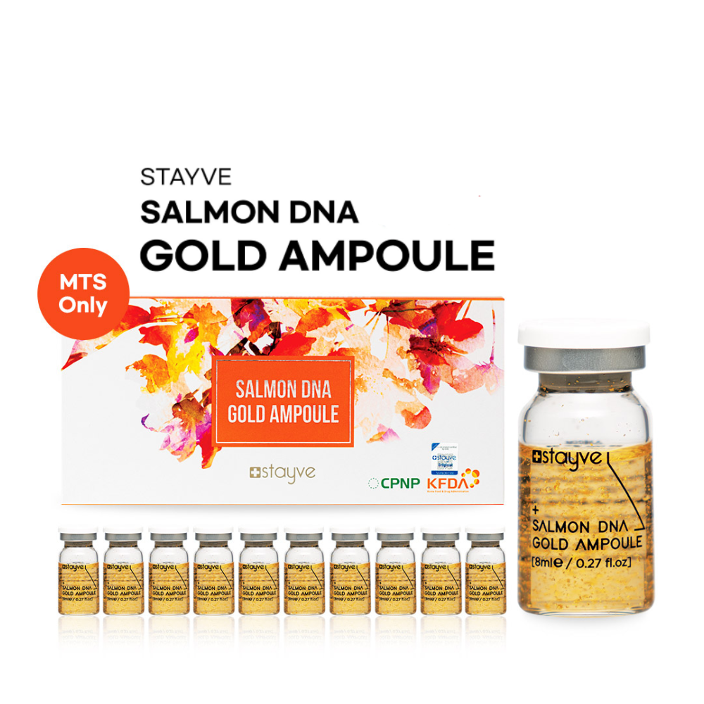 Stayve Salmon DNA Gold Ampoule packaging with PDRN serum and gold flakes, MTS-only professional skincare ampoules