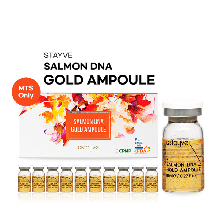 Stayve Salmon DNA Gold Ampoule packaging with PDRN serum and gold flakes, MTS-only professional skincare ampoules
