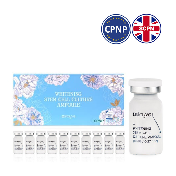 Stayve Whitening Stem Cell Culture Ampoule packaging with ampoule, packaging, CPNP & SCPN logo on a white background