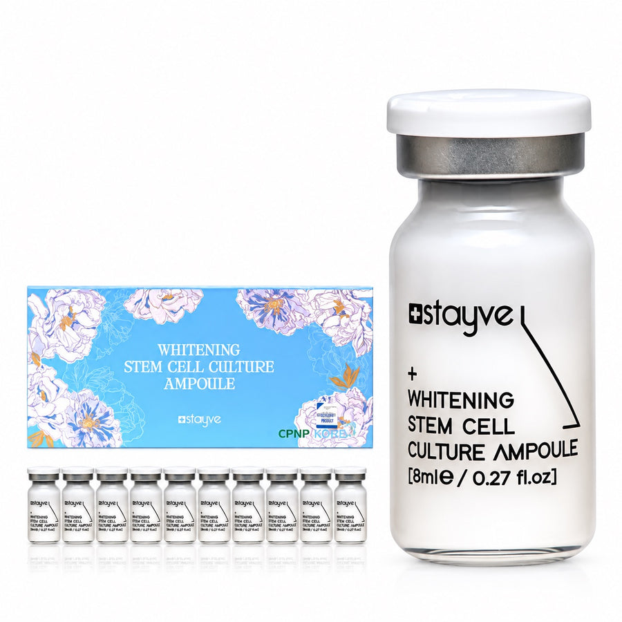 Stayve Whitening Stem Cell Culture Ampoule set, featuring enlarged glass vial with a white cap, blue packaging box, and ten small vials lined up on a white background.