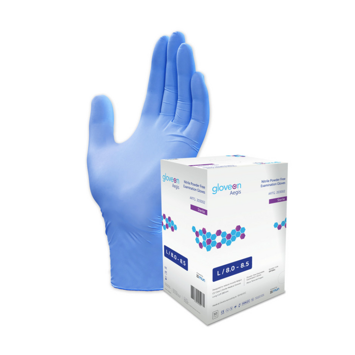 Aqua Blue Sterile Nitrile Examination Gloves & its packaging box (Size L)