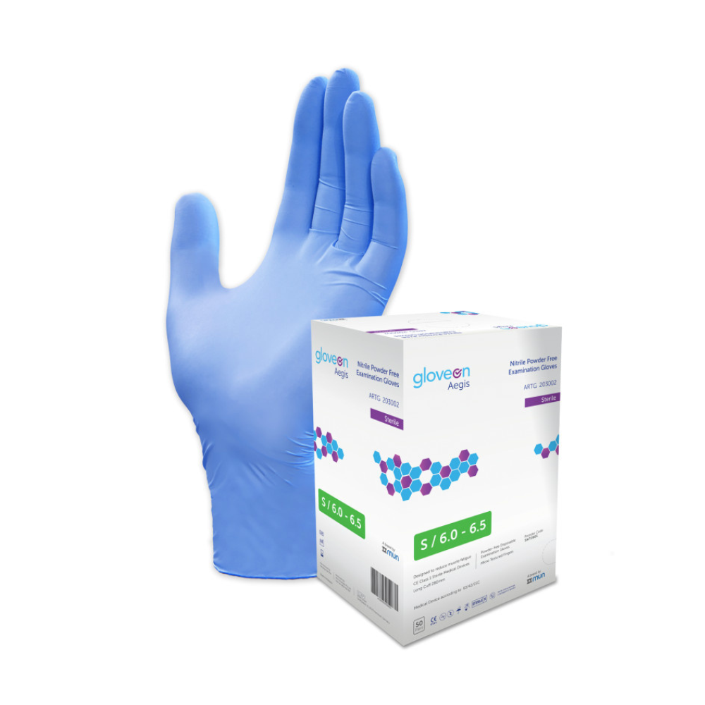 Aqua Blue Sterile Nitrile Examination Gloves & its packaging box (Size S)