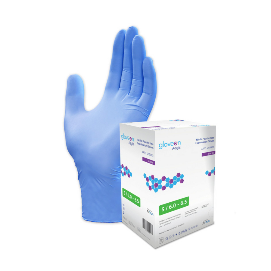 Aqua Blue Sterile Nitrile Examination Gloves & its packaging box (Size S)
