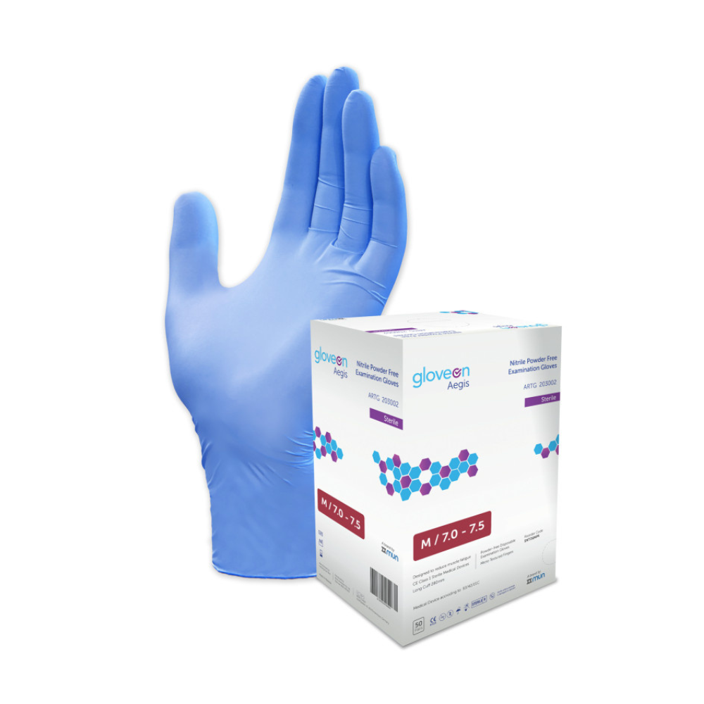 Aqua Blue Sterile Nitrile Examination Gloves & its packaging box (Size M)