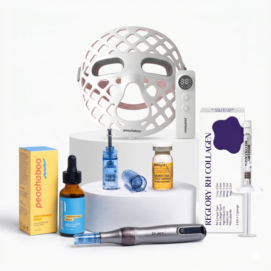 Featuring the Dr. Pen M8S microneedling pen with 12-pin and 36-pin cartridges for versatile treatments, Peachaboo Hyaluronic Acid Serum 30ml for deep hydration, Reglory RH Collagen (Types I & III) Skin Revitalizer to support skin structure, and Stayve Salmon DNA Gold Ampoule (8ml x 10 vials) to nourish and revitalise the skin.
Also included is the Peachaboo Glo Aurora Silicone LED Light Therapy Mask (with NIR).
