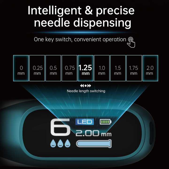 Dr. Pen H6 digital display showing intelligent needle depth control with 9 length settings from 0mm to 2.0mm, LED and serum indicators.