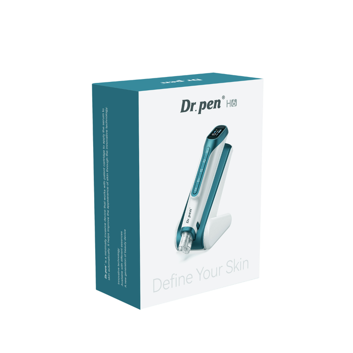 Dr. Pen H6 microneedling device retail packaging box, teal and white design with product branding, upright on white background.