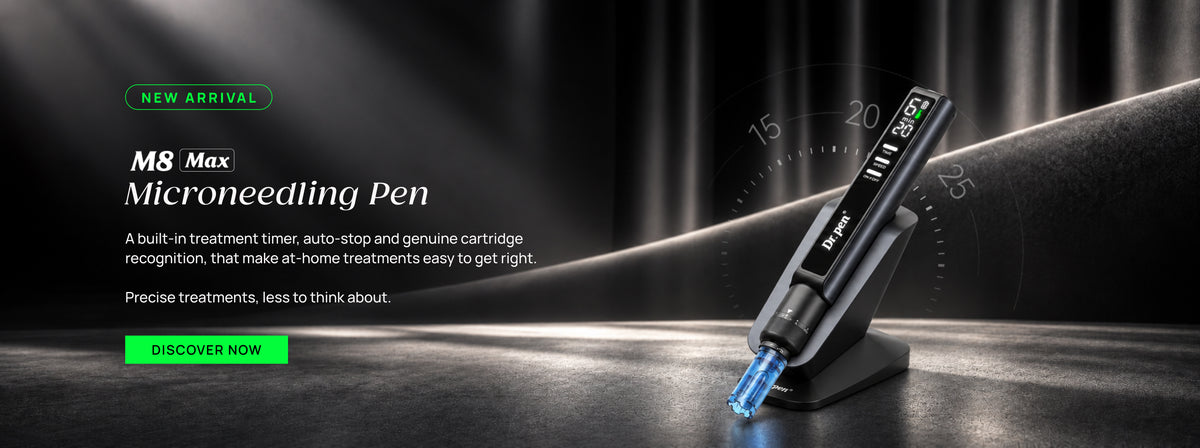 Dr. Pen M8 Max Microneedling Pen shown on a black display stand against a dark, dramatic studio background with text overlays and a green 'New Arrival' badge.