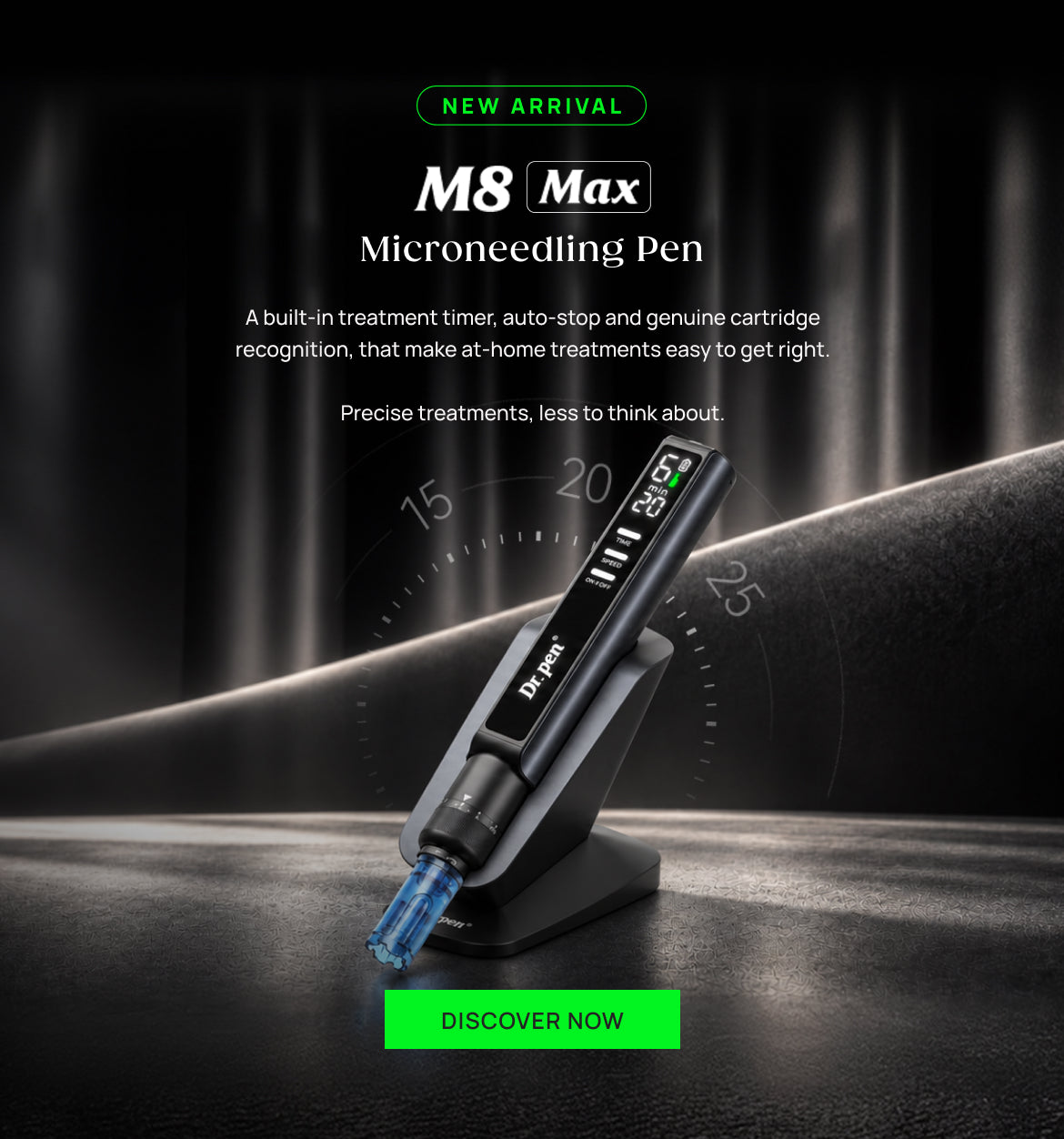 Dr. Pen M8 Max Microneedling Pen shown on a black display stand against a dark, dramatic studio background with text overlays and a green 'New Arrival' badge.
