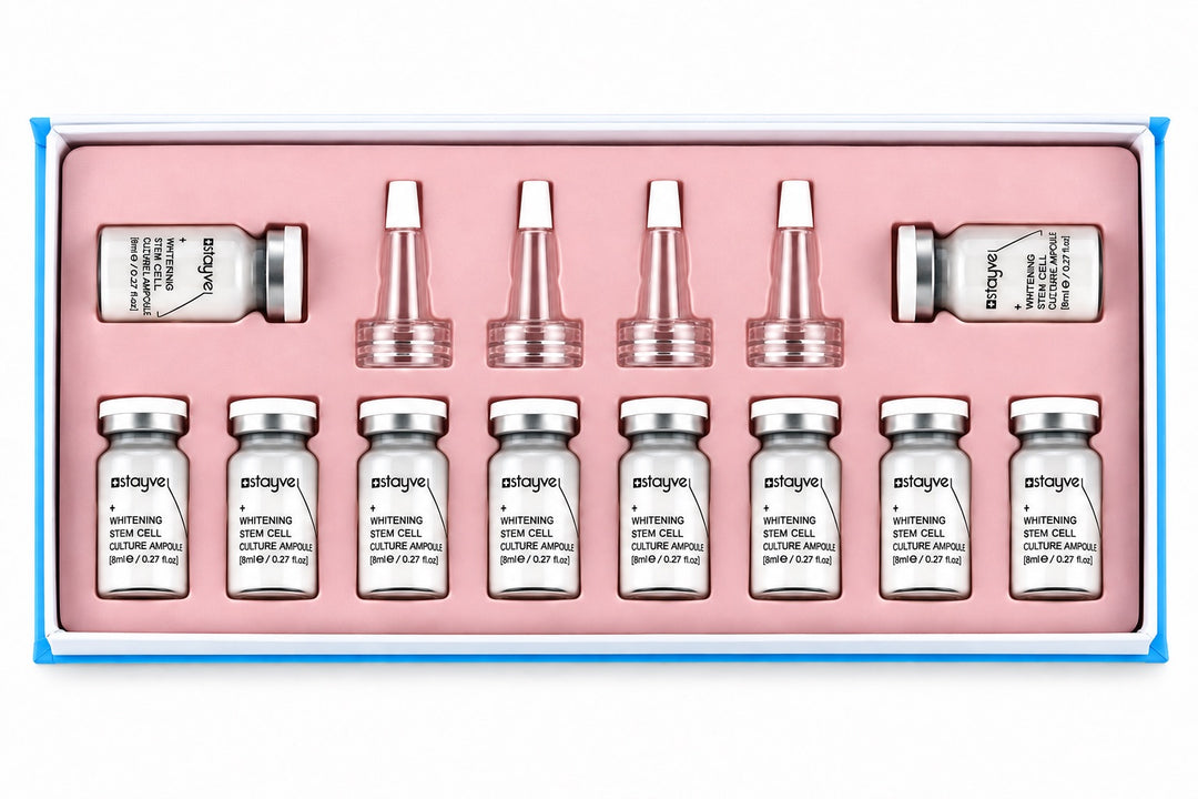 Stayve Whitening Stem Cell Culture Ampoule set with opened packaging box, showcasing vials and applicators