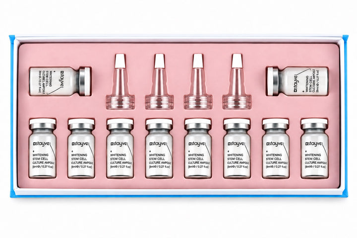 Stayve Whitening Stem Cell Culture Ampoule set with opened packaging box, showcasing vials and applicators