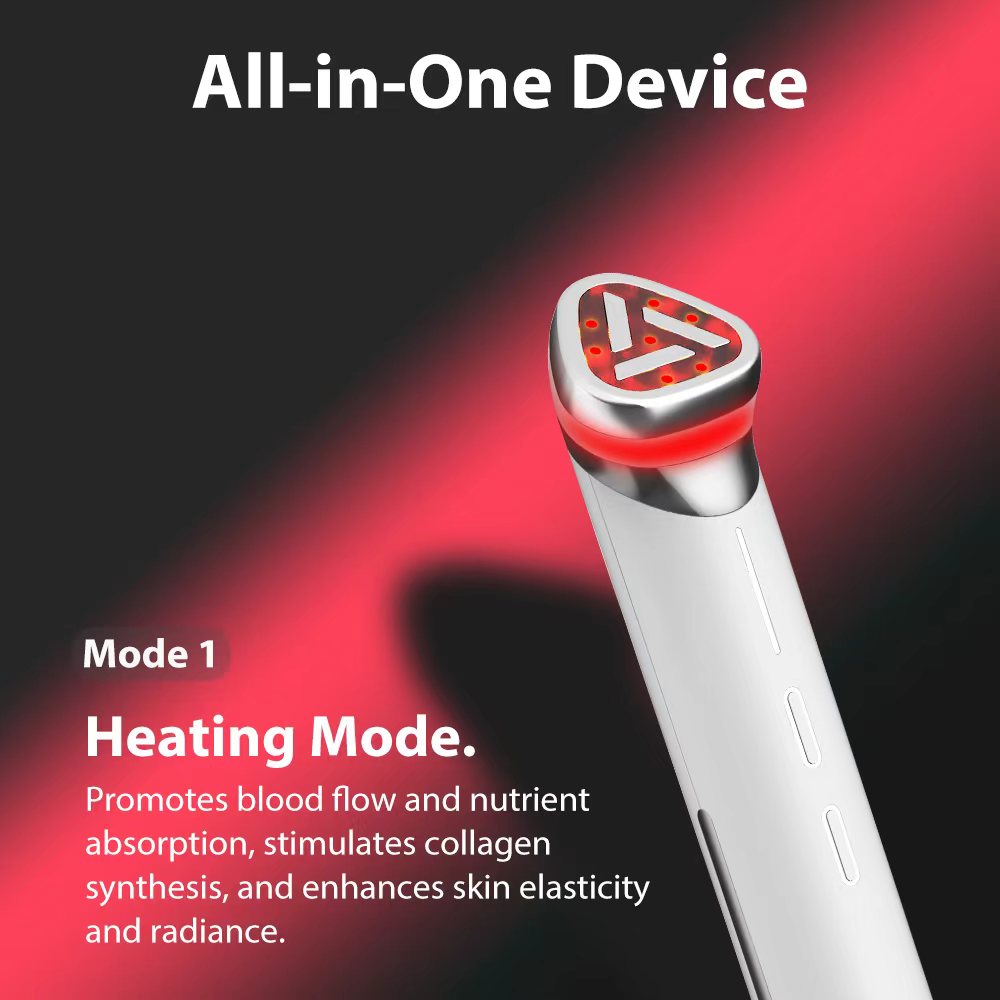 A sleek, white beauty device with red light emitting from the tip. This device is designed to promote skin health by increasing blood flow, aiding nutrient absorption, stimulating collagen production, and improving skin elasticity and radiance. Heat + Red LED for skin rejuvenation and anti-wrinkle benefits.