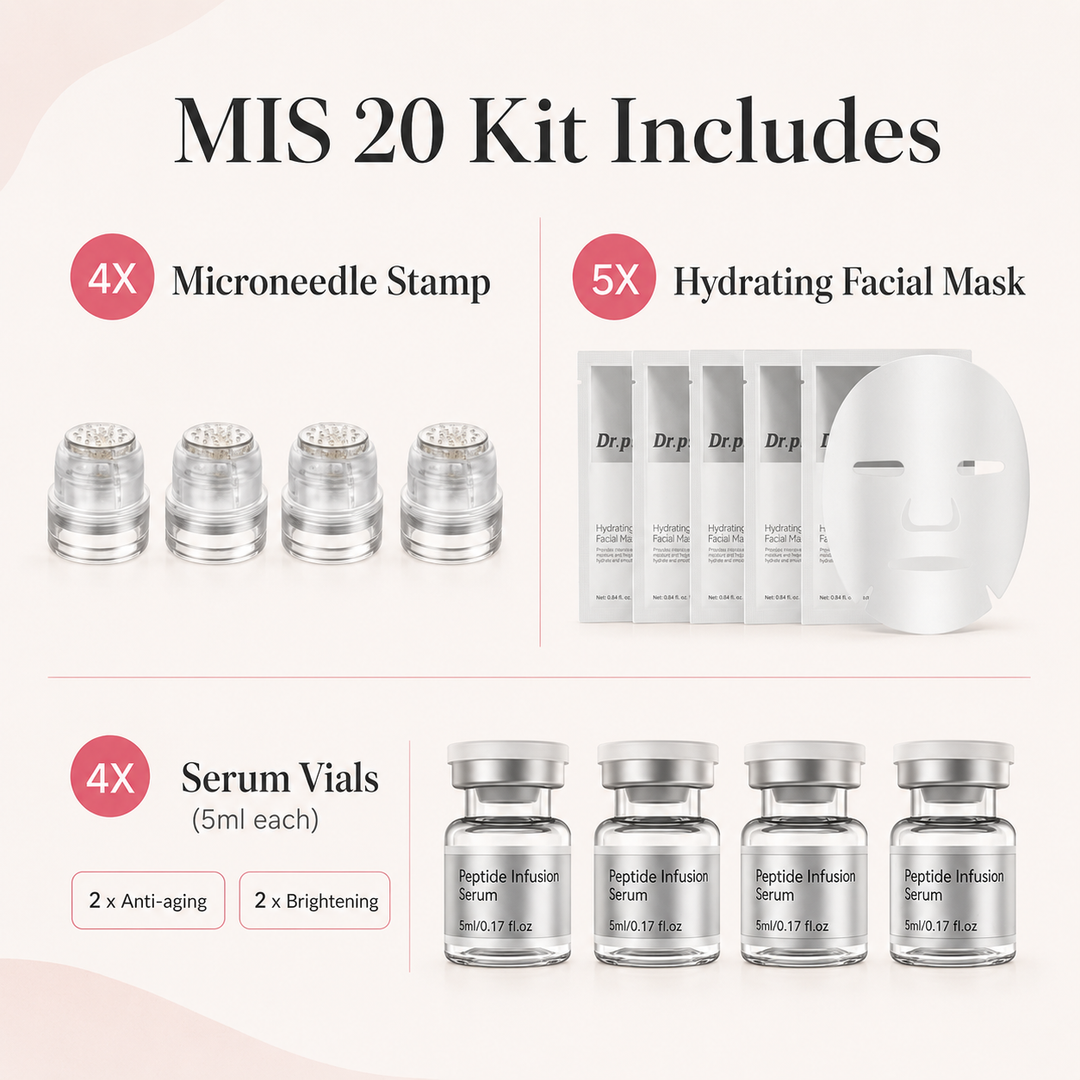 Dr. Pen MIS20 kit contents: 4 microneedle stamp heads, 5 hydrating facial masks and 4 peptide infusion serum ampoules.