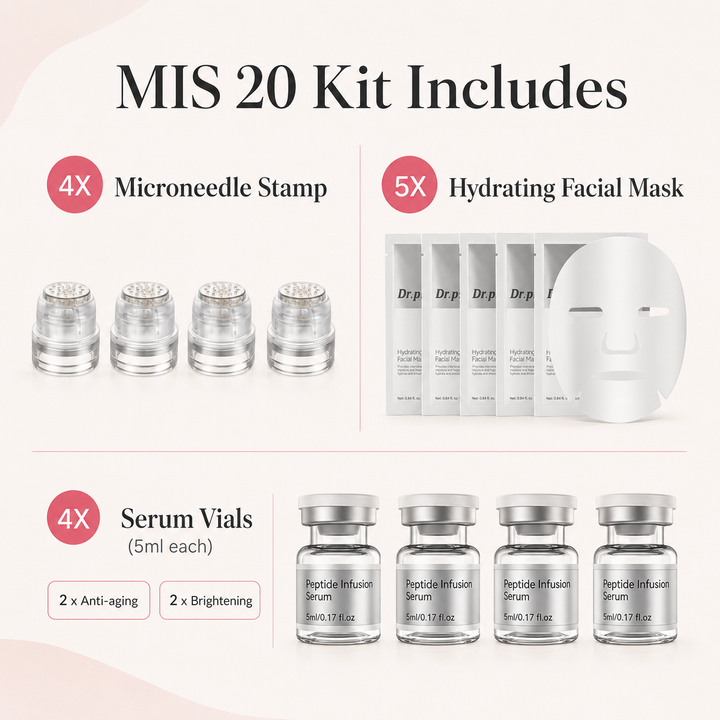 Dr. Pen MIS20 kit contents: 4 microneedle stamp heads, 5 hydrating facial masks and 4 peptide infusion serum ampoules.