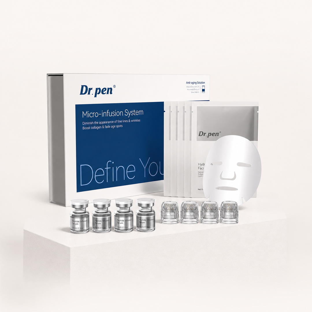 Dr. Pen MIS20 Micro-Infusion System retail box with serum ampoules, microneedle stamp heads and hydrating facial mask.