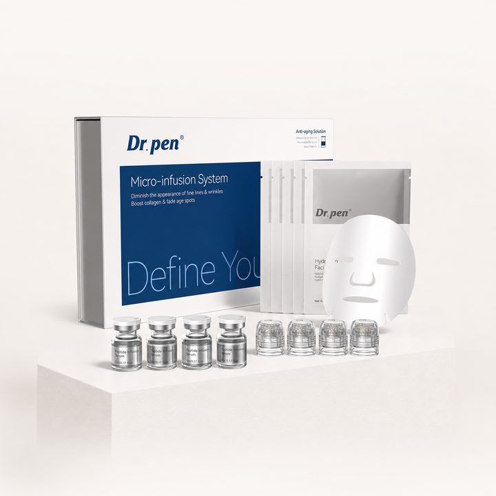 Dr. Pen MIS20 Micro-Infusion System retail box with serum ampoules, microneedle stamp heads and hydrating facial mask.