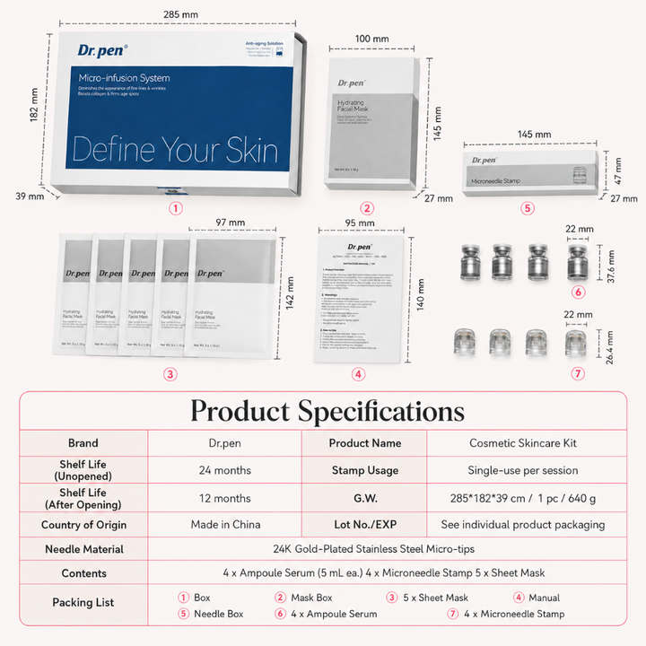 Dr. Pen MIS20 Micro-Infusion System packaging dimensions and specification chart, including shelf life and needle material.