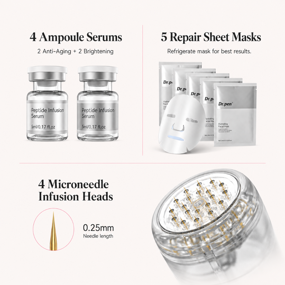  Dr. Pen MIS20 Micro-Infusion System components: four peptide serum ampoules , 5 repair masks and 0.25mm gold-plated microneedle heads.