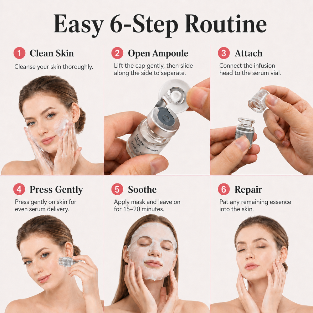 Six-step how-to-use guide for the Dr. Pen MIS20 Micro-Infusion System, from cleansing skin to applying the facial mask.
