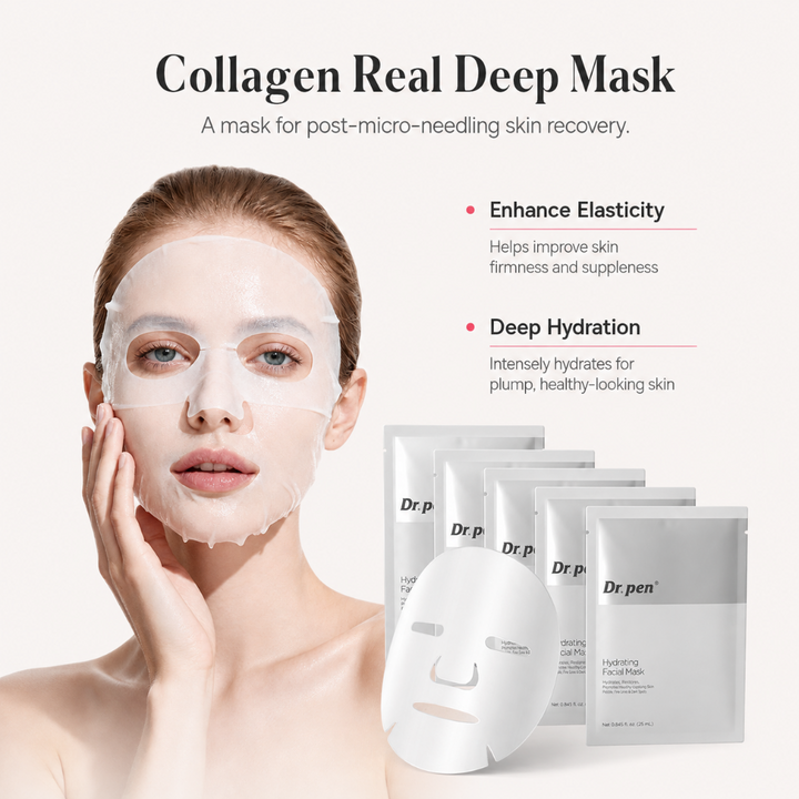 A woman wearing a translucent collagen deep mask on her face, shown beside several Hydrating Facial Mask from Dr. Pen MIS20 Micro-Infusion System