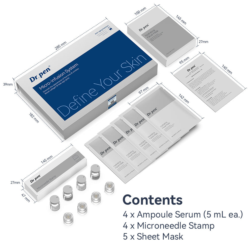 Dr. Pen MIS20 Micro-Infusion System packaging diagram showing box, mask, manual and needle stamp dimensions, plus full kit contents.
