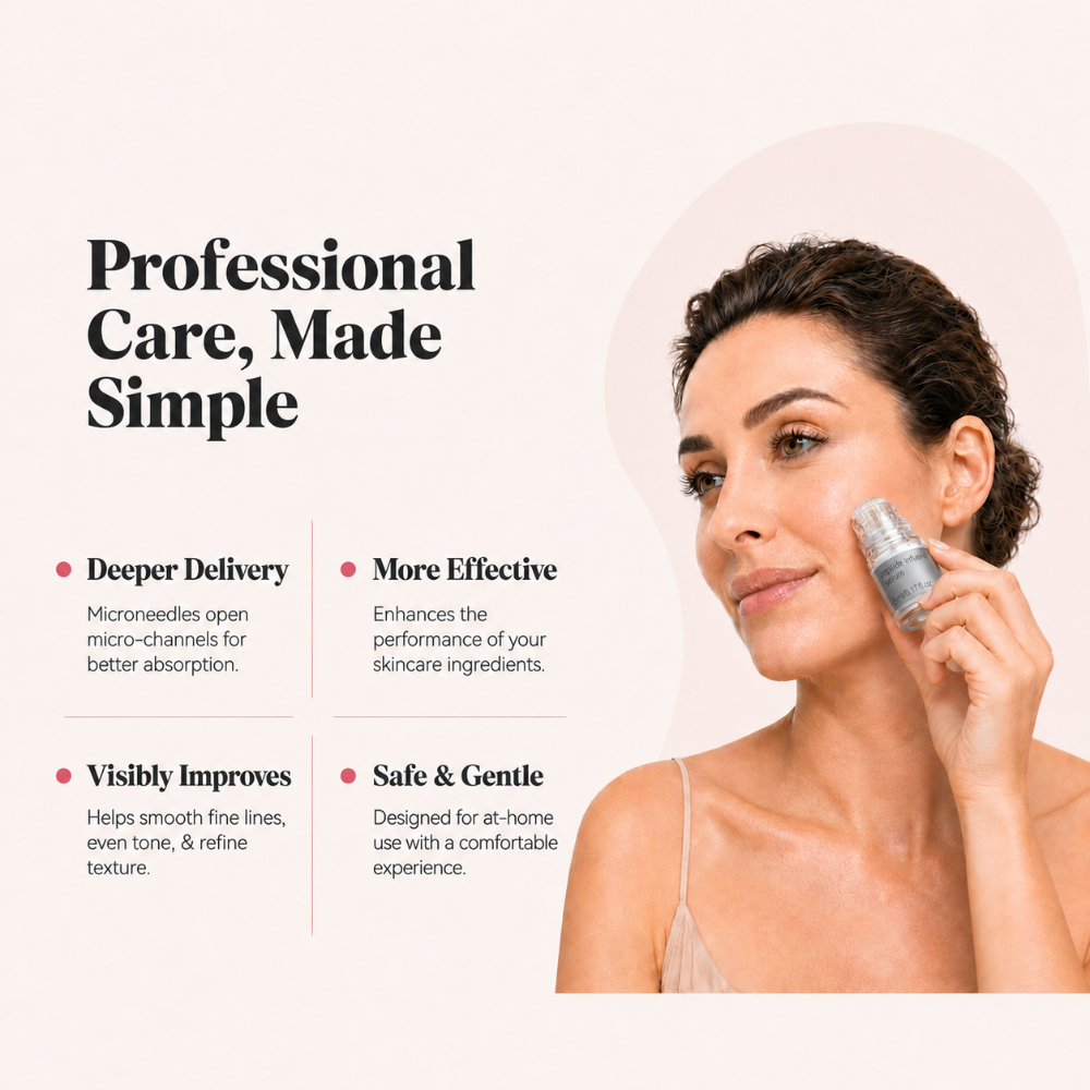 Woman holding the Dr. Pen MIS20 Micro-Infusion System serum ampoule to her cheek, highlighting deeper delivery and visible results.