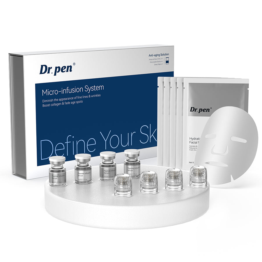  Dr. Pen Dr. Pen Micro-Infusion Skin Needling Stamp Kit System retail box displayed with serum ampoules, microneedle stamp heads and a hydrating facial mask.