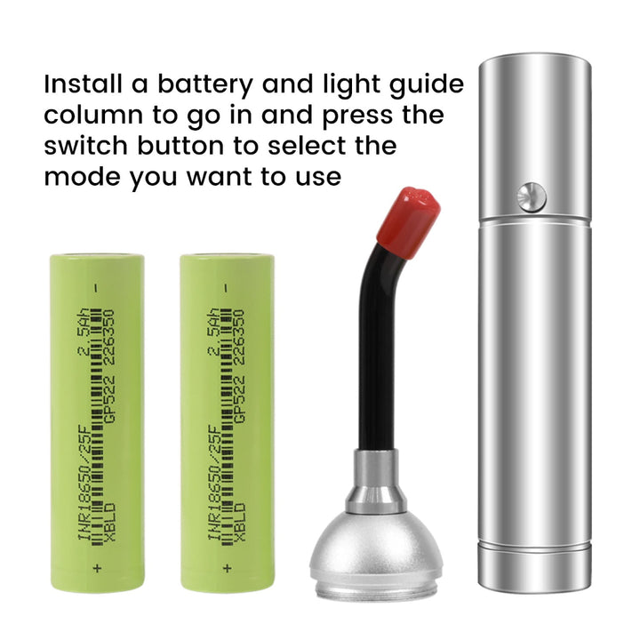 Red light therapy torch with removable light guide attachment and two rechargeable batteries.