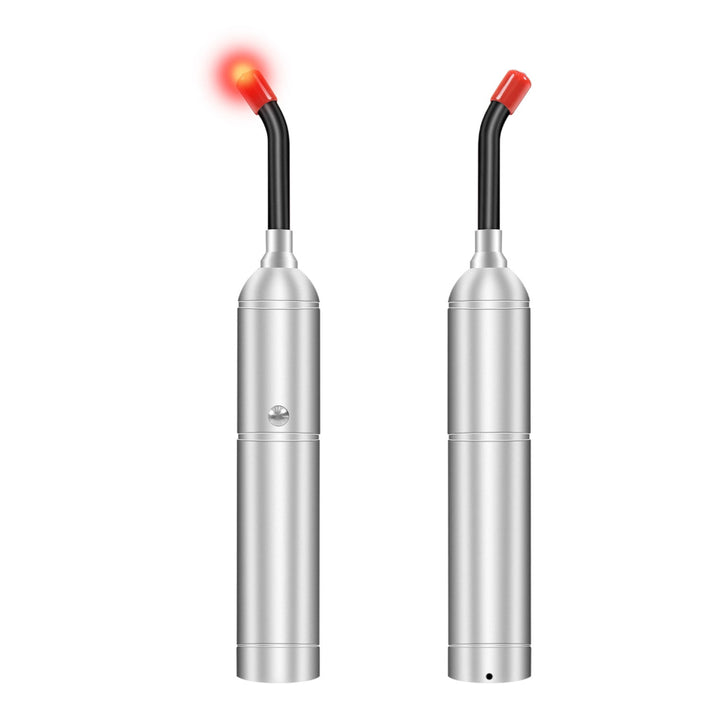 Front and rear views of the handheld red light therapy torch with flexible optical precision light guide attachment.