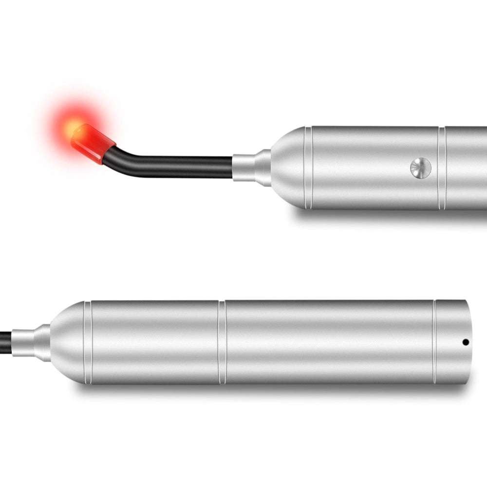 Close-up side views of the silver red light therapy torch showing angled light guide attachment and control button.