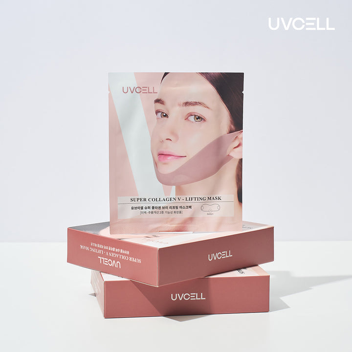 UVCELL Super Collagen V-Lifting Mask sachet displayed with stacked retail boxes on a clean studio background.