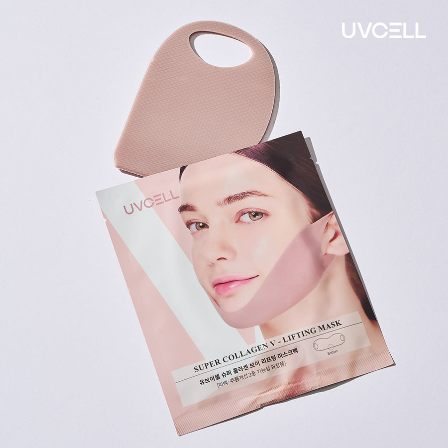 UVCELL Super Collagen V-Lifting Mask shown with its pink V-line lifting sheet and individual product packaging.