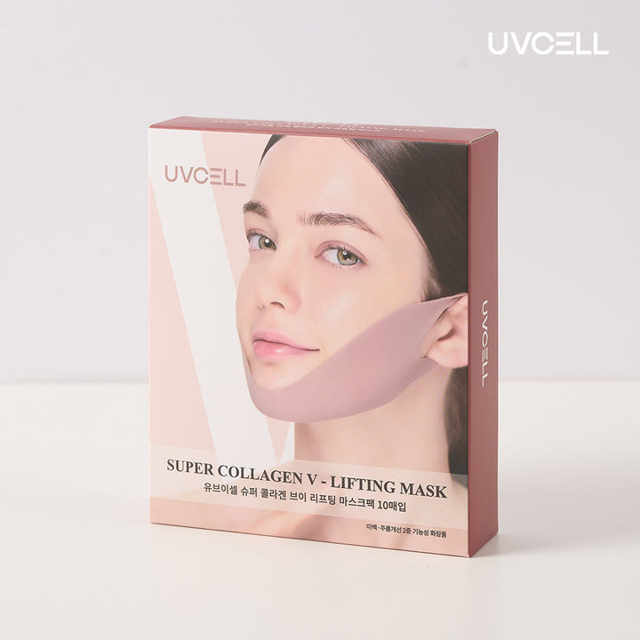 UVCELL Super Collagen V-Lifting Mask retail box featuring the pink facial lifting mask design.
