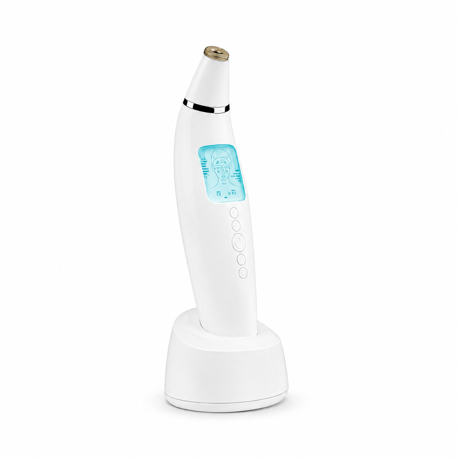 Diamond microdermabrasion and pore vacuum device on charging stand with LED screen and white studio background