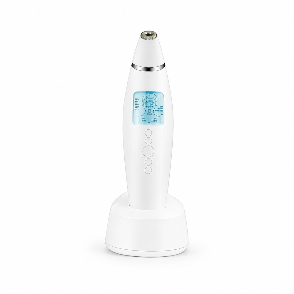 Front view of diamond microdermabrasion and pore vacuum device with LED display and charging dock