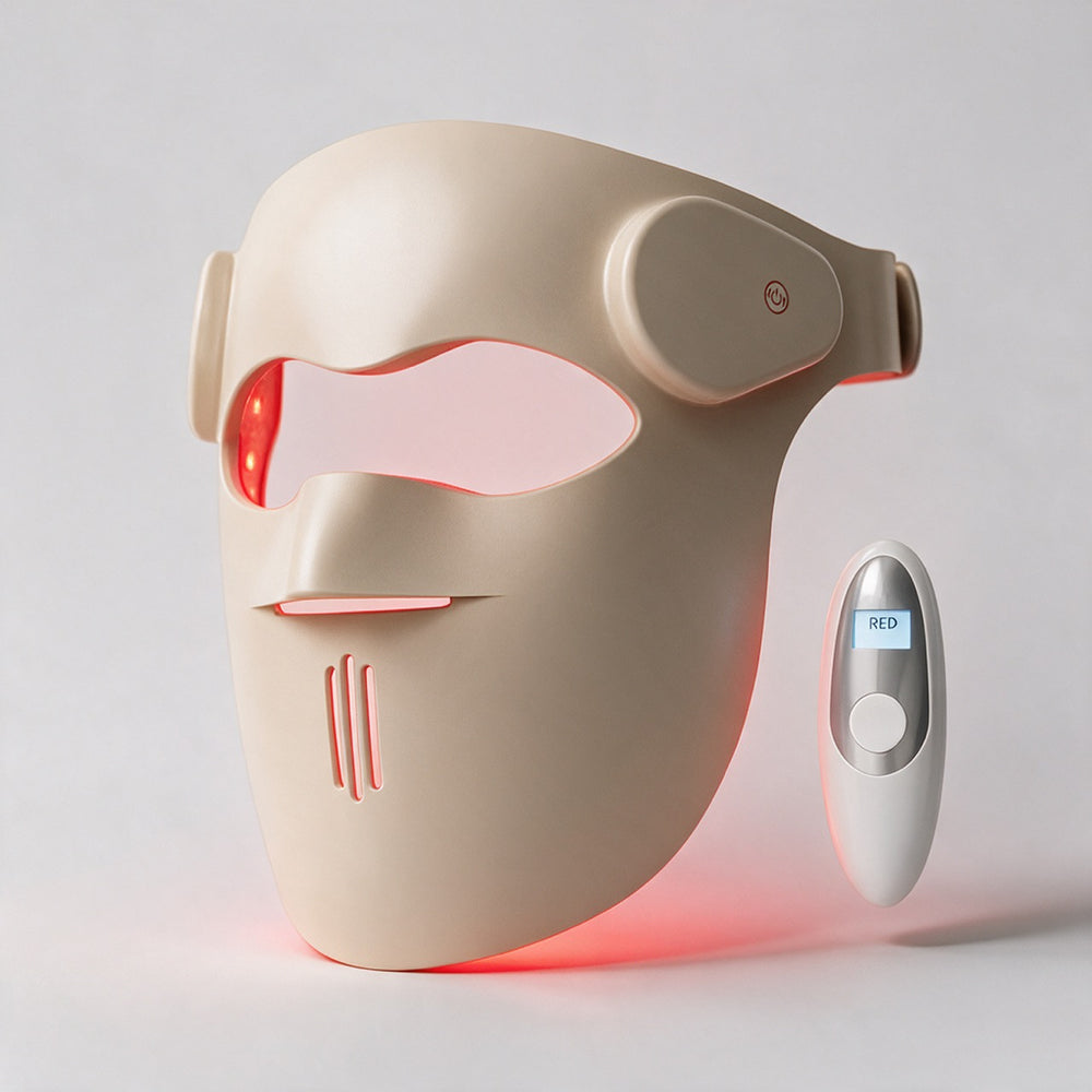 Goomi 3D Silicone LED Light Therapy Mask in red light mode beside wireless LCD remote control