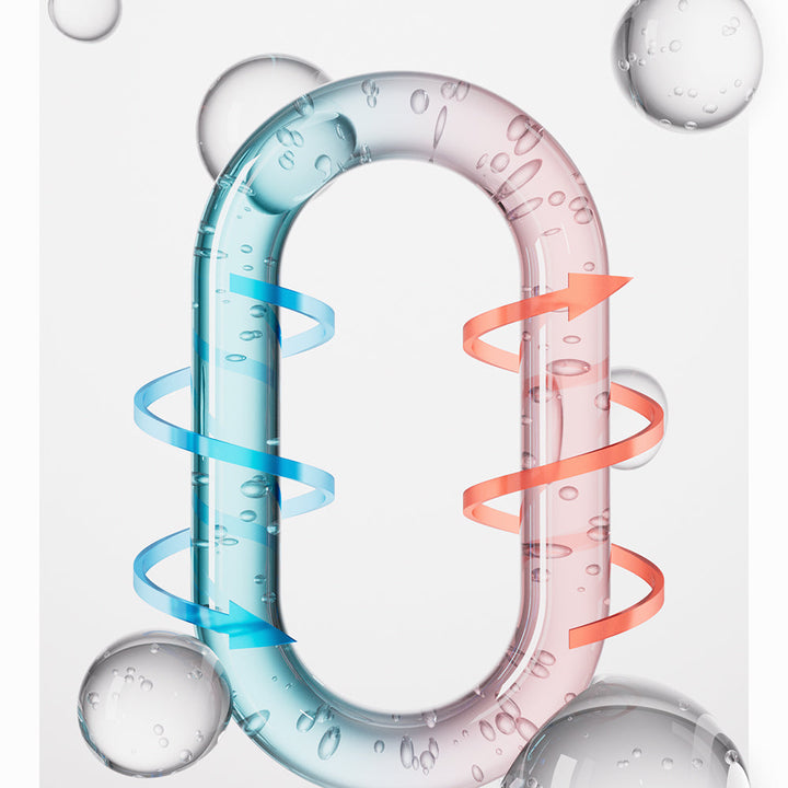 Abstract illustration of dual-colour water circulating through a looped tube with bubbles, representing the device's water-circulation cleaning system.