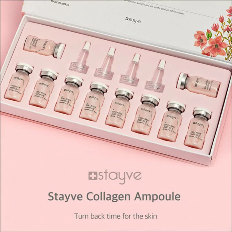 Stayve Collagen Ampoule set on display with opened box on a pink background